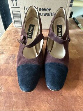 Vaneli Two-Tone Brown and Black Suede Mary Jane Heels